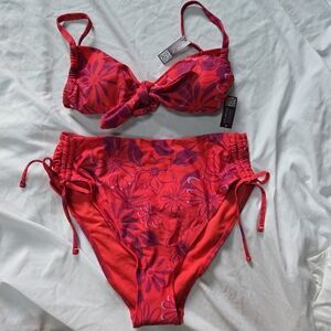 New Adore Me Sienna Red Floral Pattern Tie Bikini Top And Bottom Matching Set